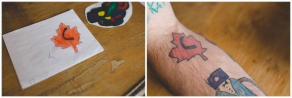 Детские рисунки превратились в татуировки на руках отца