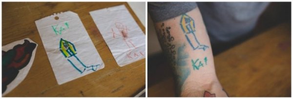 Детские рисунки превратились в татуировки на руках отца