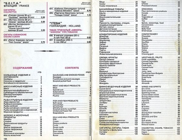 Ассортимент и цены на продукты для дипломатического корпуса в 1983г.
