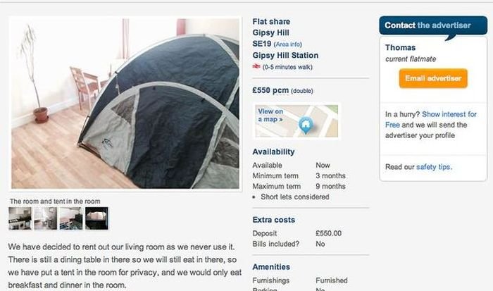 В одном из домов Лондона сдается палатка за 55 000 рублей в месяц