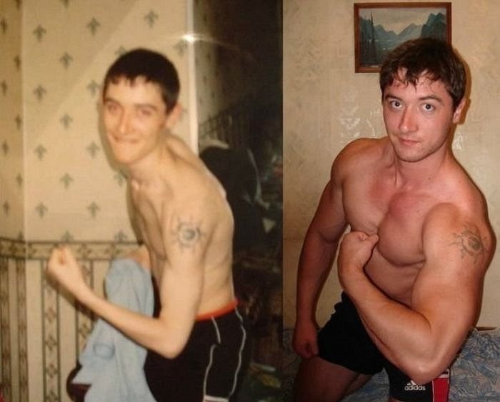 Бывшие «дрыщи» на фото до и после занятий в тренажерном зале