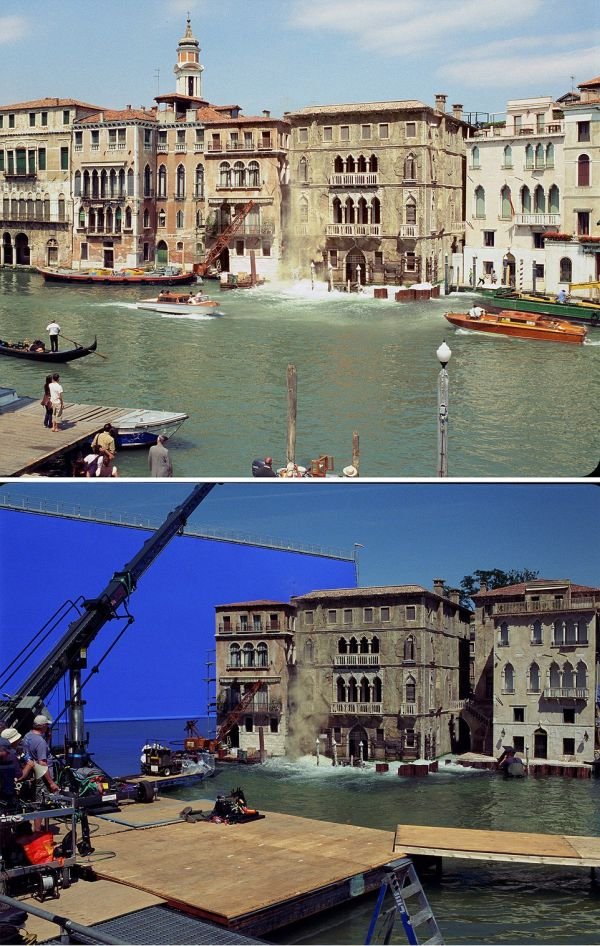 Кадры из «Джеймса Бонда» до и после наложения спецэффектов