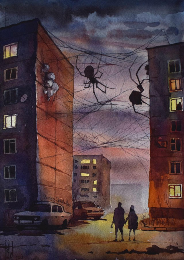 Иллюстрации повседневных городов, наполненные атмосферой страха (11 рисунков)